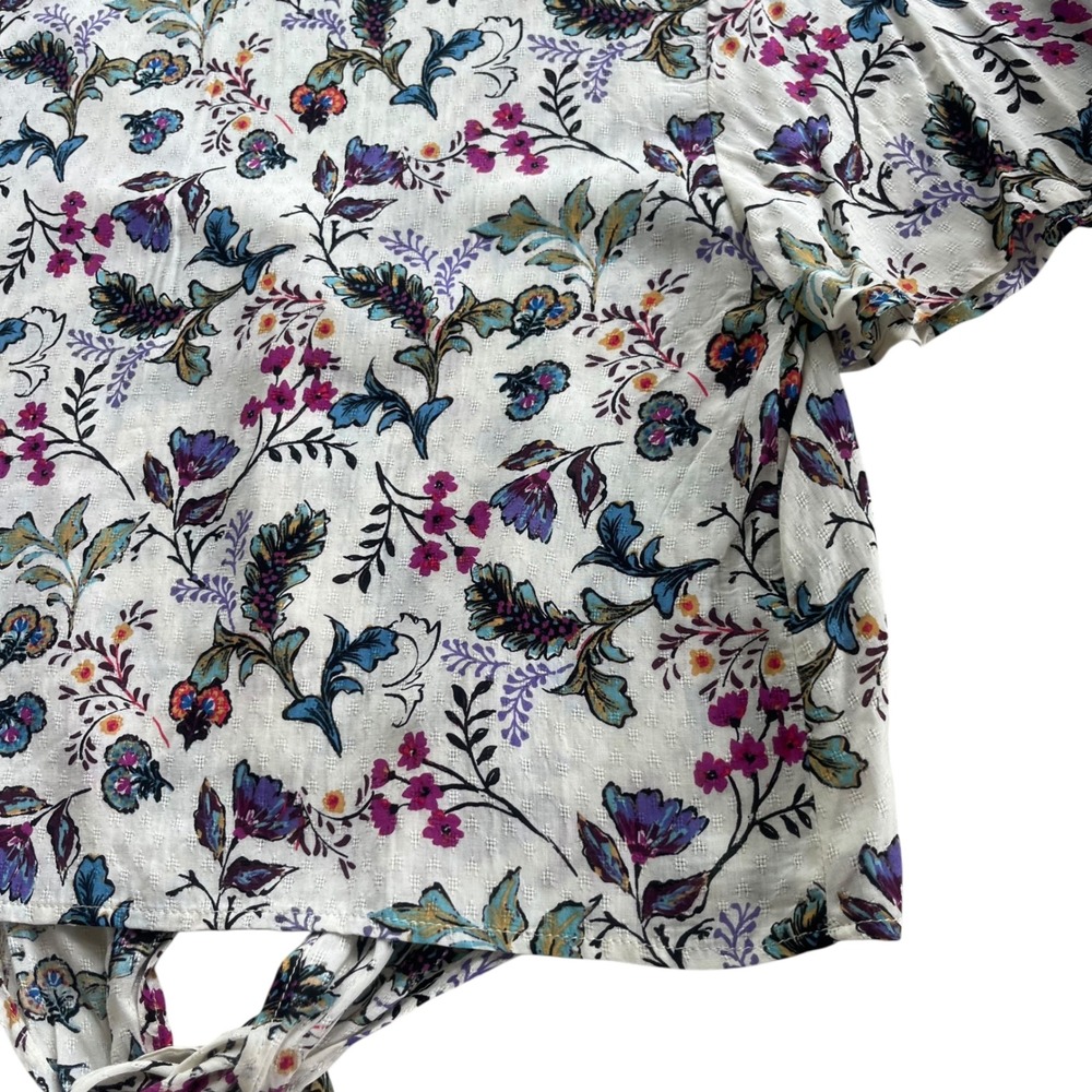 ONE Clothing LA Women's XS Cream Pink Floral Tie Front Short Sleeves Crop Blouse - Picture 14 of 16